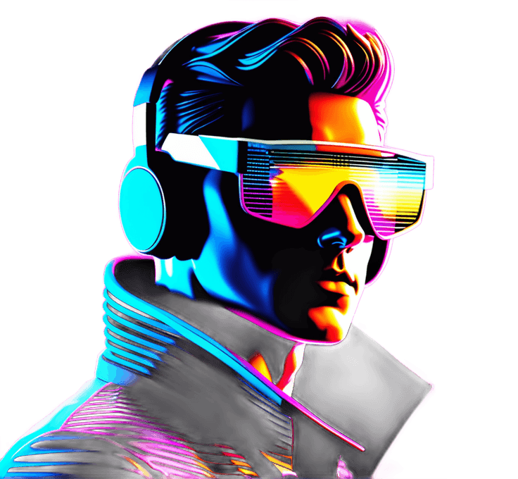 A man portrayed in a synthwave-style illustration.